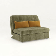 Green sofa bed with two tan seat cushions and mustard back pillows