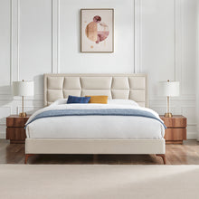 Natural upholstered bedstead with tall segmented headboard and padded platform frame