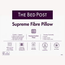Fibre pillow infographic showing comfort, care, and warranty badges