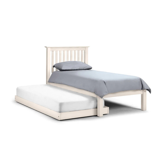 Milan guest bed with light wood frame and gray mattress and cover