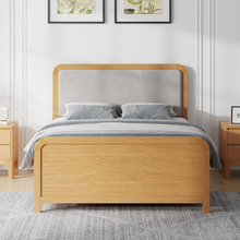 Stanhope wooden ottoman bed, greige upholstered headboard, light wood frame