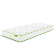 Bunk bed mattress with white quilted top and green edge piping