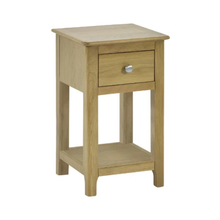Light oak bedside table with one drawer and open cubby shelf