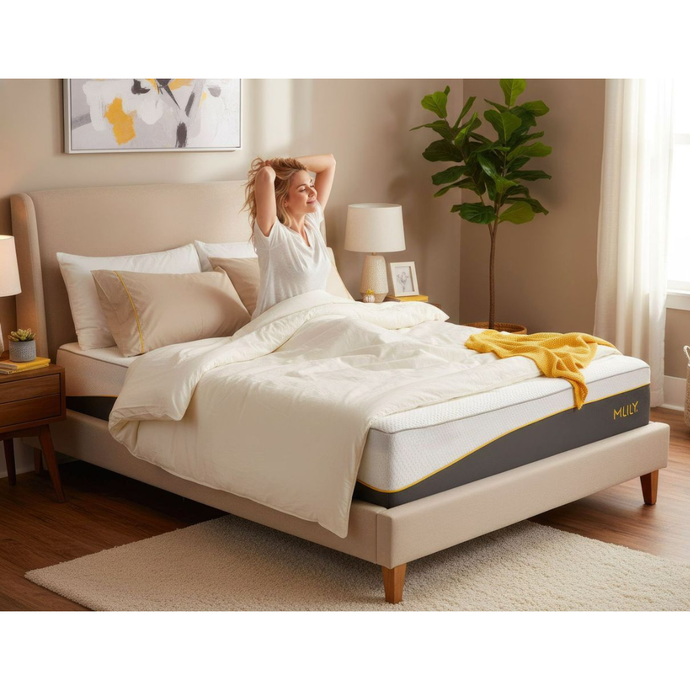 Mlily mattress with white quilted top and dark base side panel