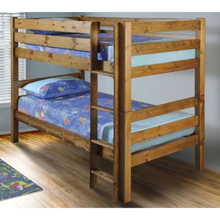 Wooden bunk bed with two levels and blue dinosaur bedding, includes guard rails