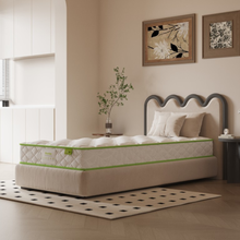 Bunk bed mattress, white with green-trim border, on a bed frame