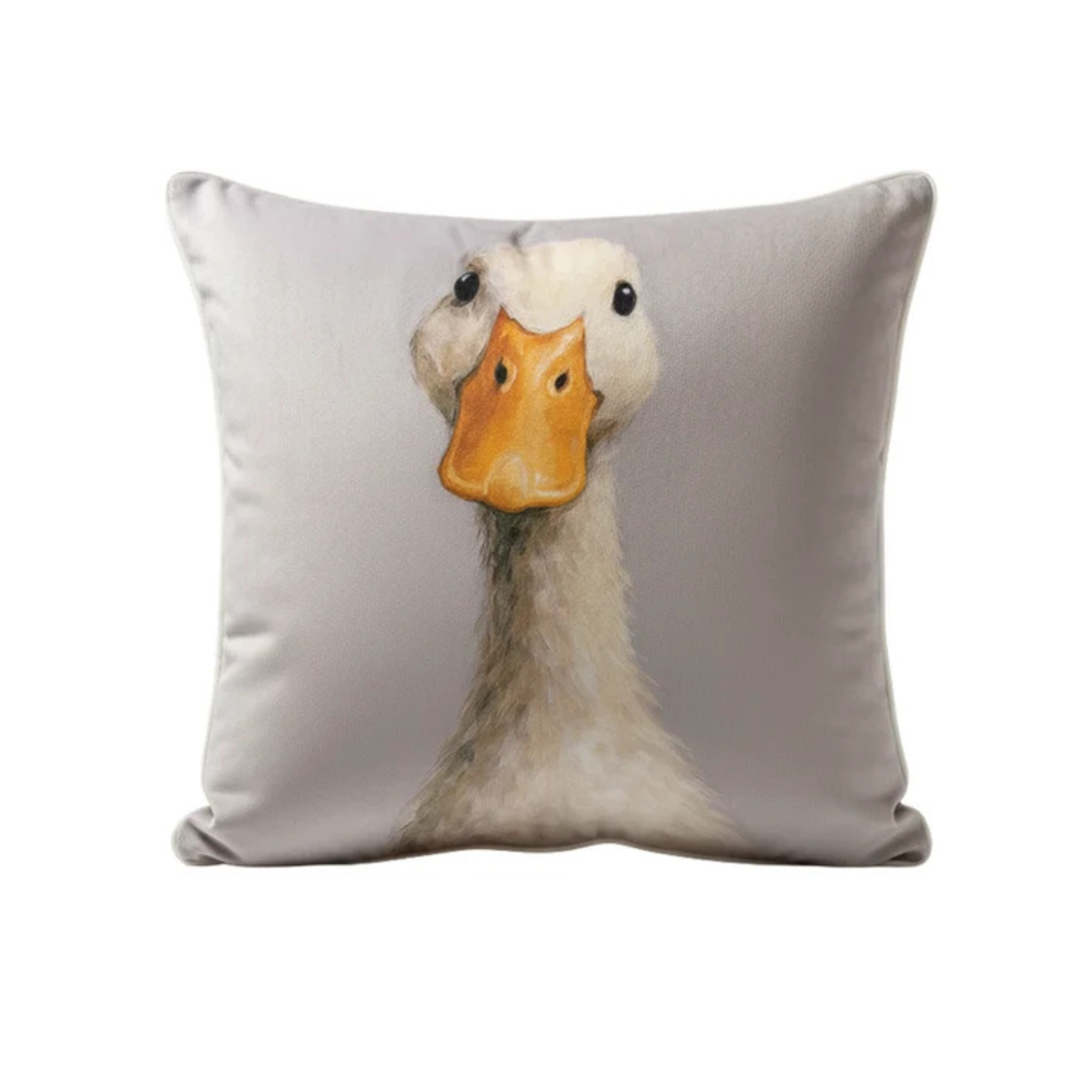 Duck face applique cushion on light gray fabric, stitched duck head design