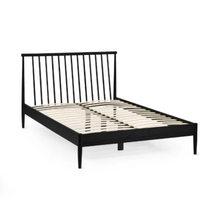 Dark wooden bed frame with vertical slats and light slat support base