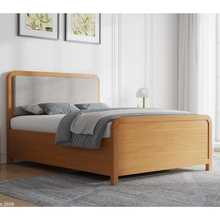 Stanhope wooden ottoman bed, greige upholstered headboard, light wood base