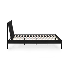 Low-profile bed frame with striped slat base and footboard, dark finish