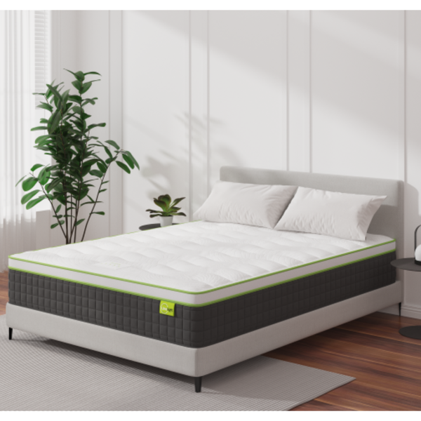 Hermes mattress on bed frame, white top with green border, dark gray cover