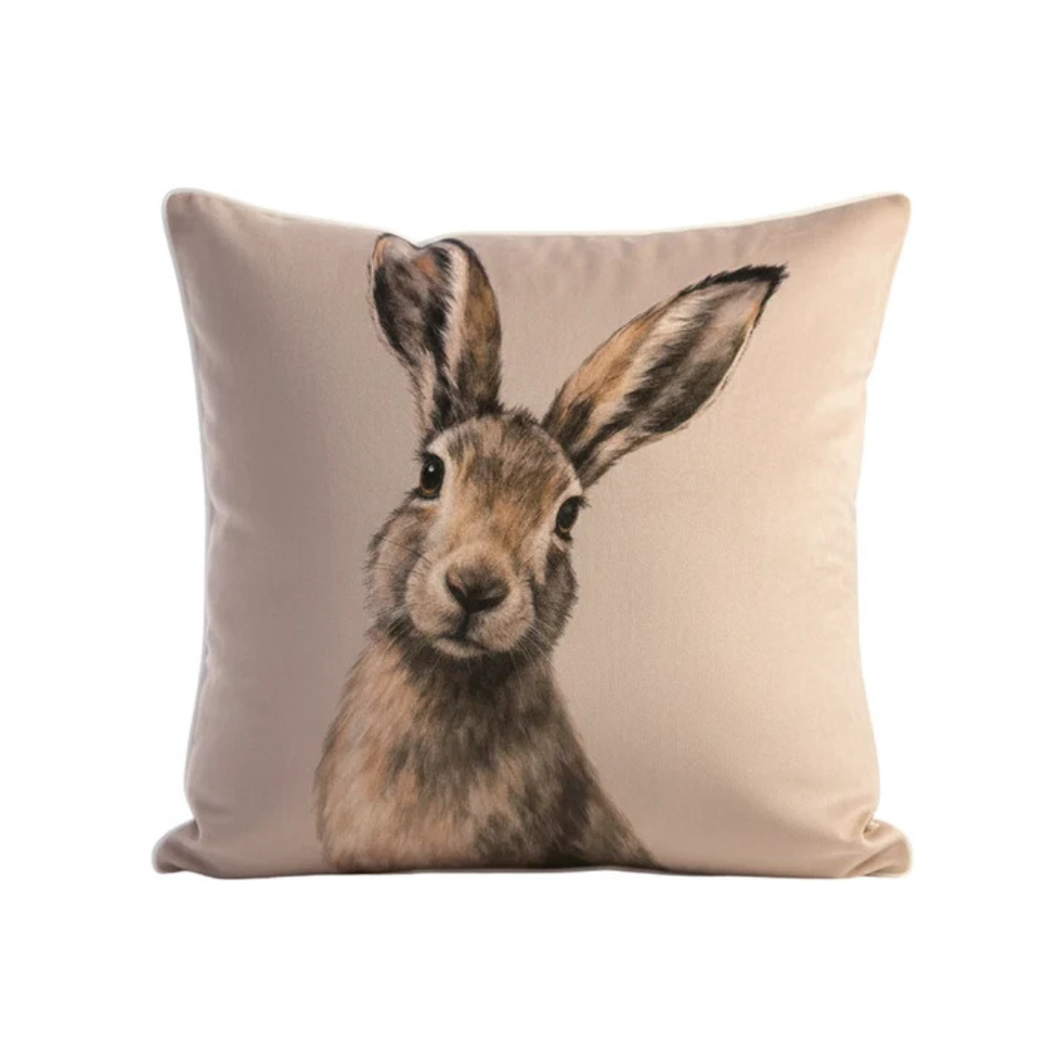 Hare face decorative cushion with brown-and-tan rabbit on cream cover