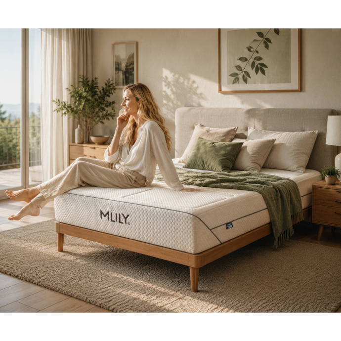 Cream upholstered mattress with MLILY logo, on wooden bed frame