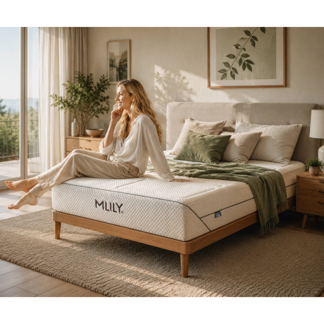 Cream upholstered mattress with MLILY logo, on wooden bed frame