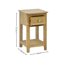 Oak bedside table with drawer and open shelf; dimensions shown