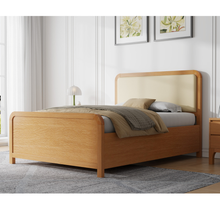 Stanhope wooden ottoman bed, vanilla upholstered headboard, light wood frame