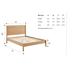 Wooden bedframe dimensions diagram with bed sizes and measurement arrows