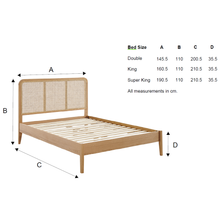 Livia bedframe size diagram with labeled measurements A, B, C, D and bed sizes