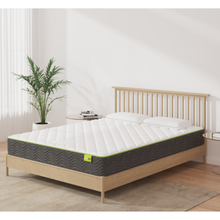 A mattress on a light wood bed frame in a bright, modern bedroom setting with a potted plant, side tables, and a neutral rug.