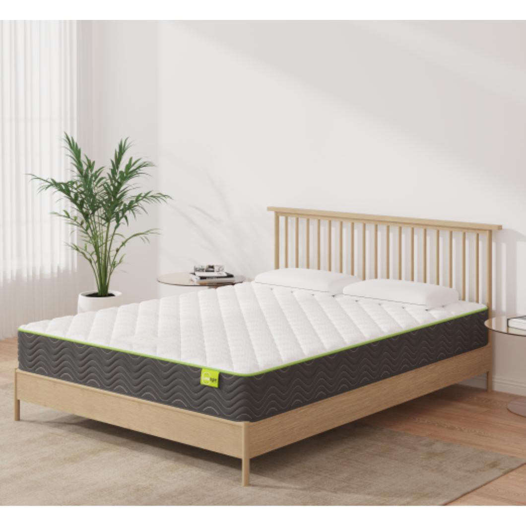 A mattress on a light wood bed frame in a bright, modern bedroom setting with a potted plant, side tables, and a neutral rug.