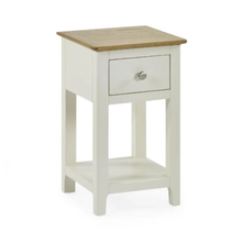 White bedside table with oak top, single drawer, open lower shelf.