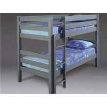 Grey painted bunk bed with two levels and blue dinosaur bedding, ladder on front
