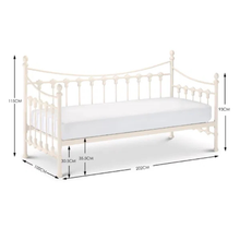 Day bed dimensions diagram showing height and length with spindle frame and side rails