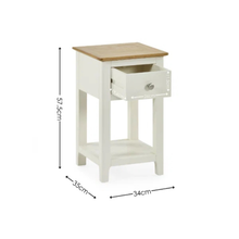 Bedside table size diagram: 34cm W, 35cm D, 67cm H, drawer opening depth.