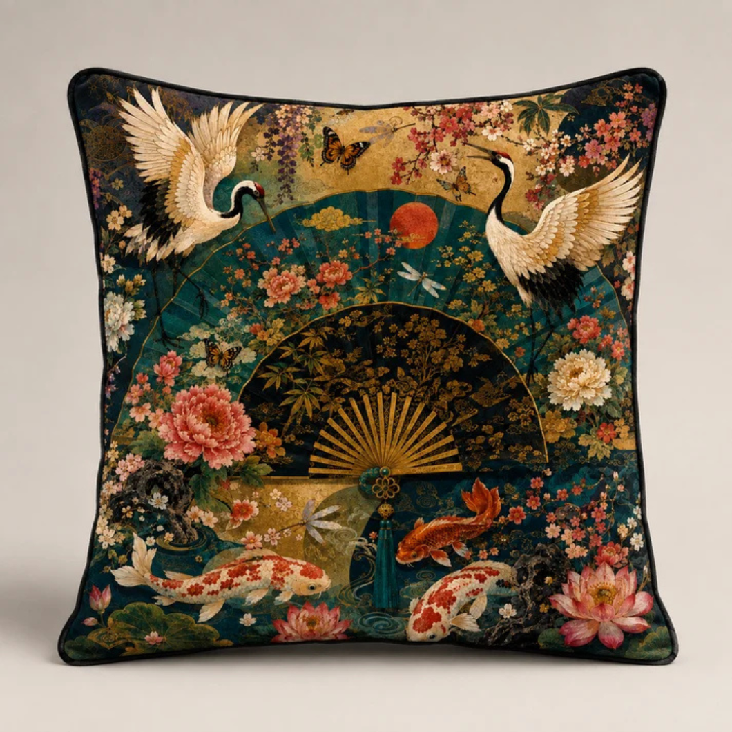 Oriental fan cushion with dark teal, floral and crane fan print, square cover