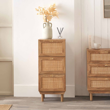 Henrik tall bedside cabinet with three drawers and woven front panels
