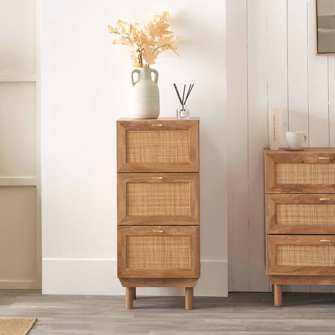 Henrik tall bedside cabinet with three drawers and woven front panels