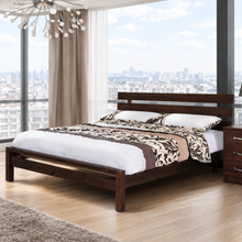 Dark wooden bedstead with slatted headboard and matching footboard