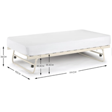 Day bed with white upholstered mattress and light wood-like metal frame