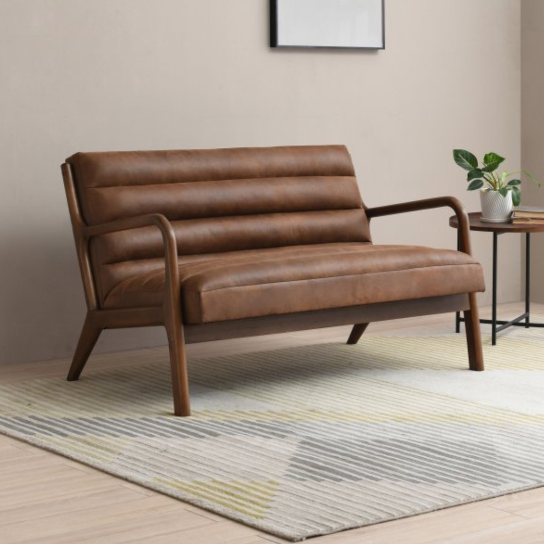 Inca 2-seater chair in dark brown PU with curved arms and cushioned backrest