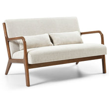 2-seater chair in natural cream chenille with wooden rounded arms and two seat cushions