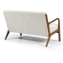 2-seater chair in natural cream chenille with wide backrest and angled wooden legs