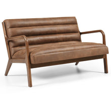 2-seater chair in mid brown PU with curved armrests and padded back and seat
