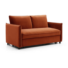Burnt orange sofa bed with rolled arms and tufted back cushion