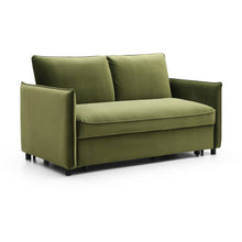 Selma sofa bed in olive green fabric with boxy arms and two back cushions