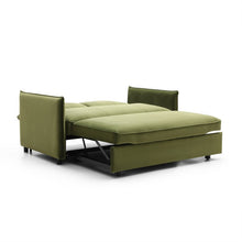 Olive green sofa bed with back pillows, wide seat, and metal legs
