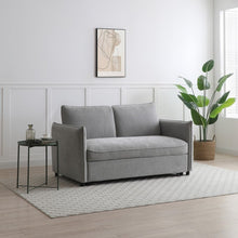 Selma sofa bed in light gray fabric, wide seat with four-cushion back