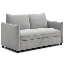 Selma sofa bed in gray fabric with three back cushions and low black legs
