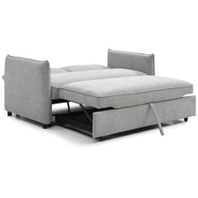 Selma sofa bed in gray fabric with extended pull-out mattress and side arms
