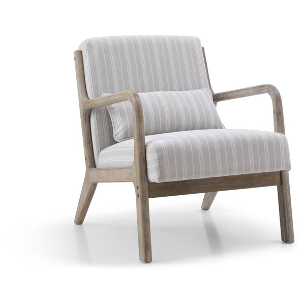 Washed-finish wooden accent chair with pale striped fabric upholstery and thick cushions