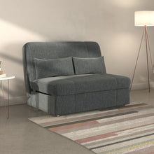 Dark gray sofa bed with two matching back cushions and wide rectangular arms