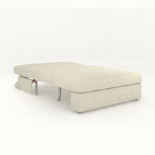 Light beige sofa bed with open sleeper base and padded rectangular cushions