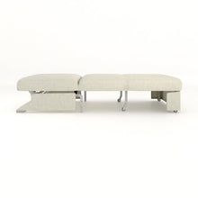 Light beige sofa bed shown from front, with metal legs and open sleeper base