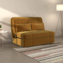 Mustard yellow sofa bed with two tan pillows and open sleeper base