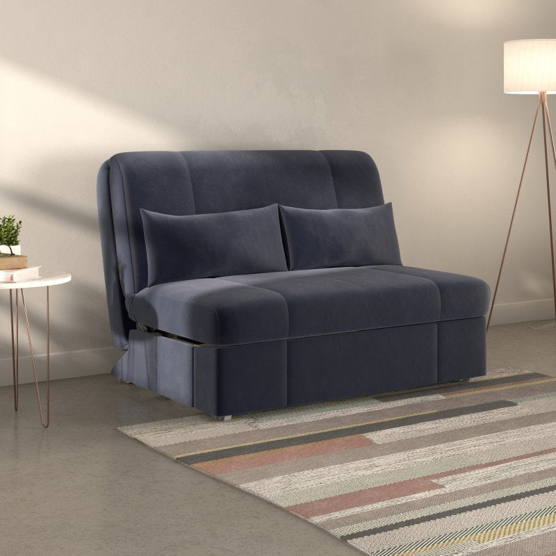 Navy blue sofa bed with two gray-blue cushions and tufted back