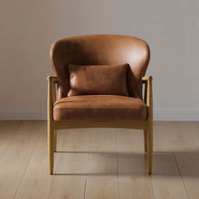 Tan leather armchair facing forward with cushioned seat and light wood frame